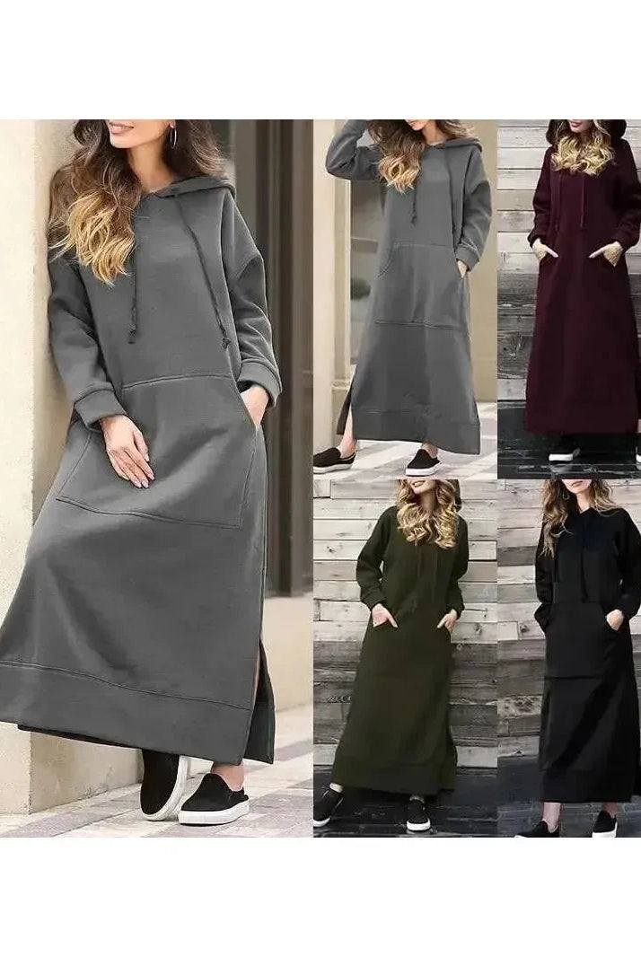 Black Lumina Vancouver Elisa hooded dress with long sleeves and a relaxed fit, shown on a mannequin.
