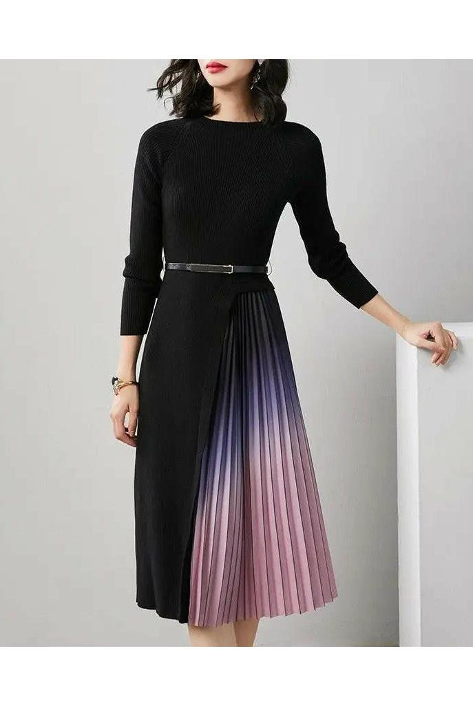 Black Giulia knit dress by Lumina Vancouver featuring gradient pleated splicing and a belted waist.
