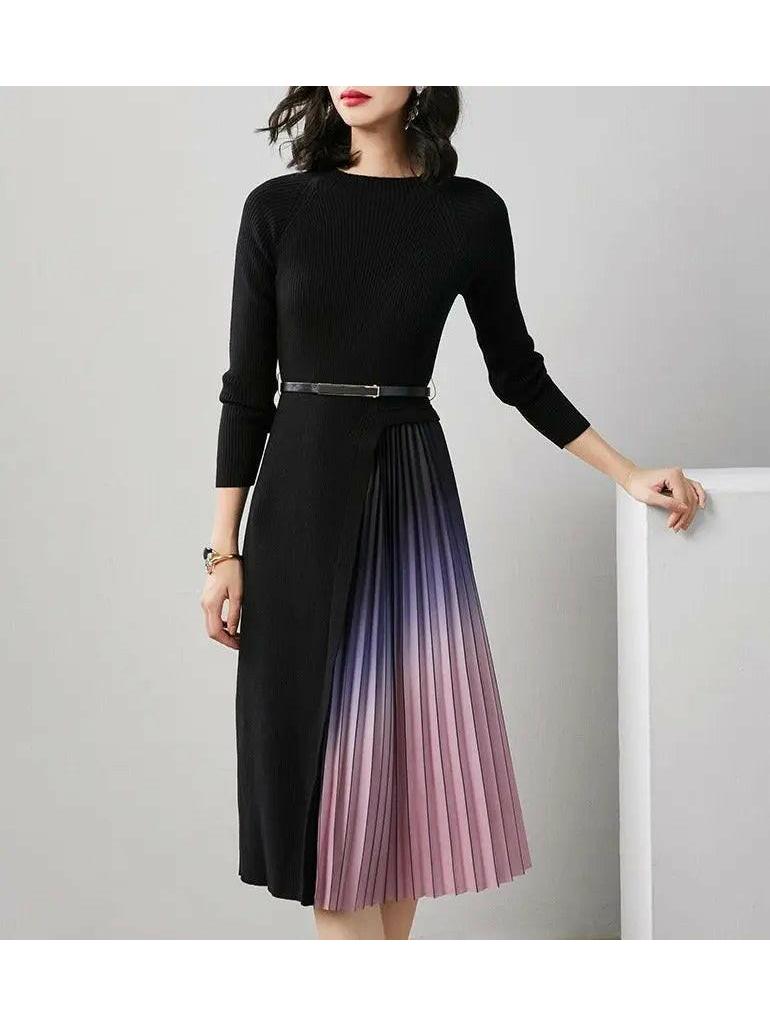 Black Giulia knit dress by Lumina Vancouver featuring gradient pleated splicing and a belted waist.