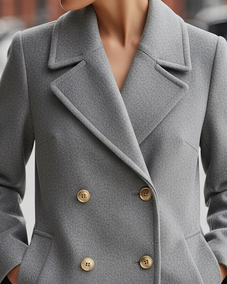 Grey Lumina Wear double-breasted wool blend blazer, tailored fit, featuring notched lapels and button closure, on a mannequin.
