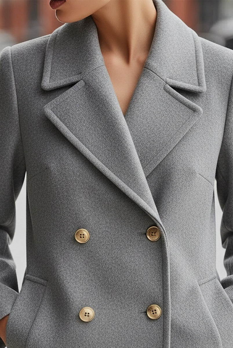 Grey Lumina Wear double-breasted wool blend blazer, tailored fit, featuring notched lapels and button closure, on a mannequin.