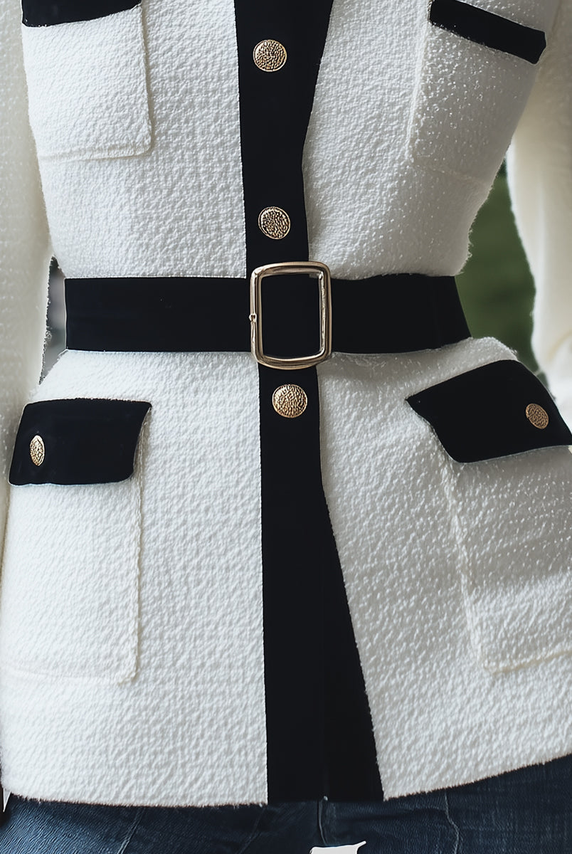 White tweed blazer with black velvet trim by Lumina Vancouver, shown on a model with a tailored fit and elegant design.