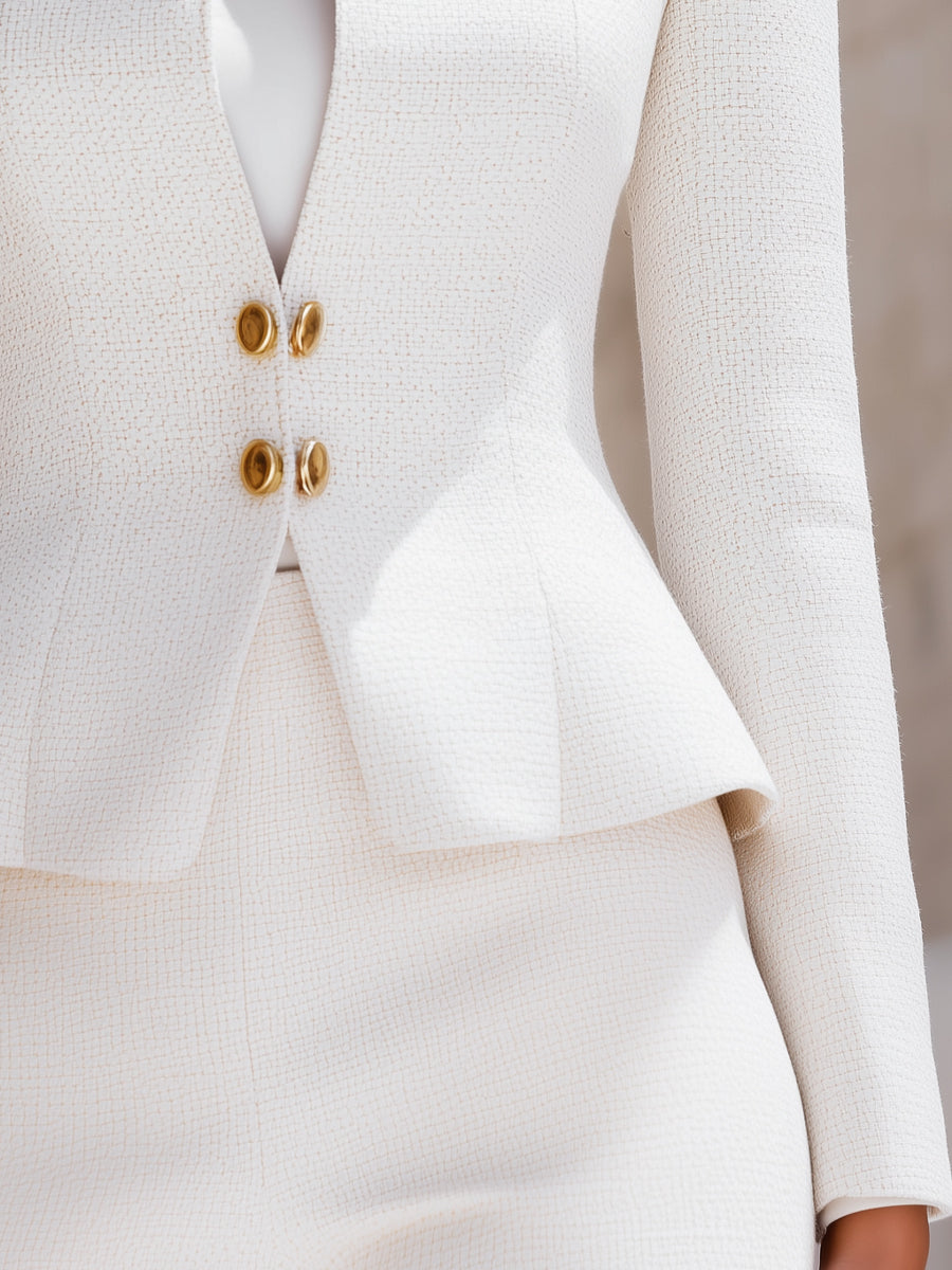 Lumina Wear Harriet white stand collar peplum blazer with gold buttons, tailored for a stylish, fitted look.