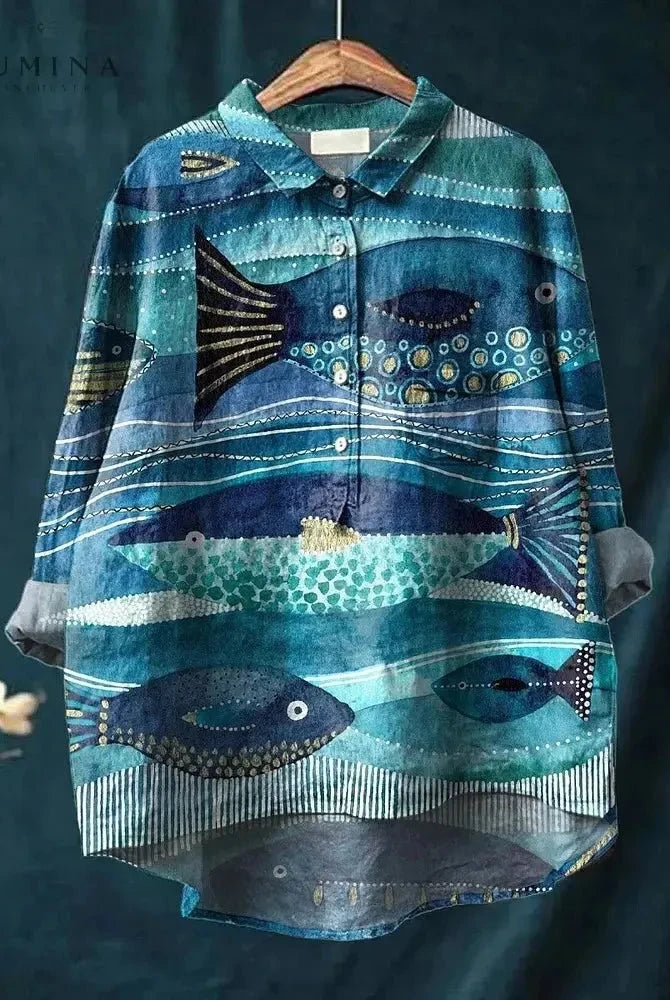 Blue Jace Ocean Art T-Shirt by Lumina Wear featuring ocean-themed graphic design and casual fit.
