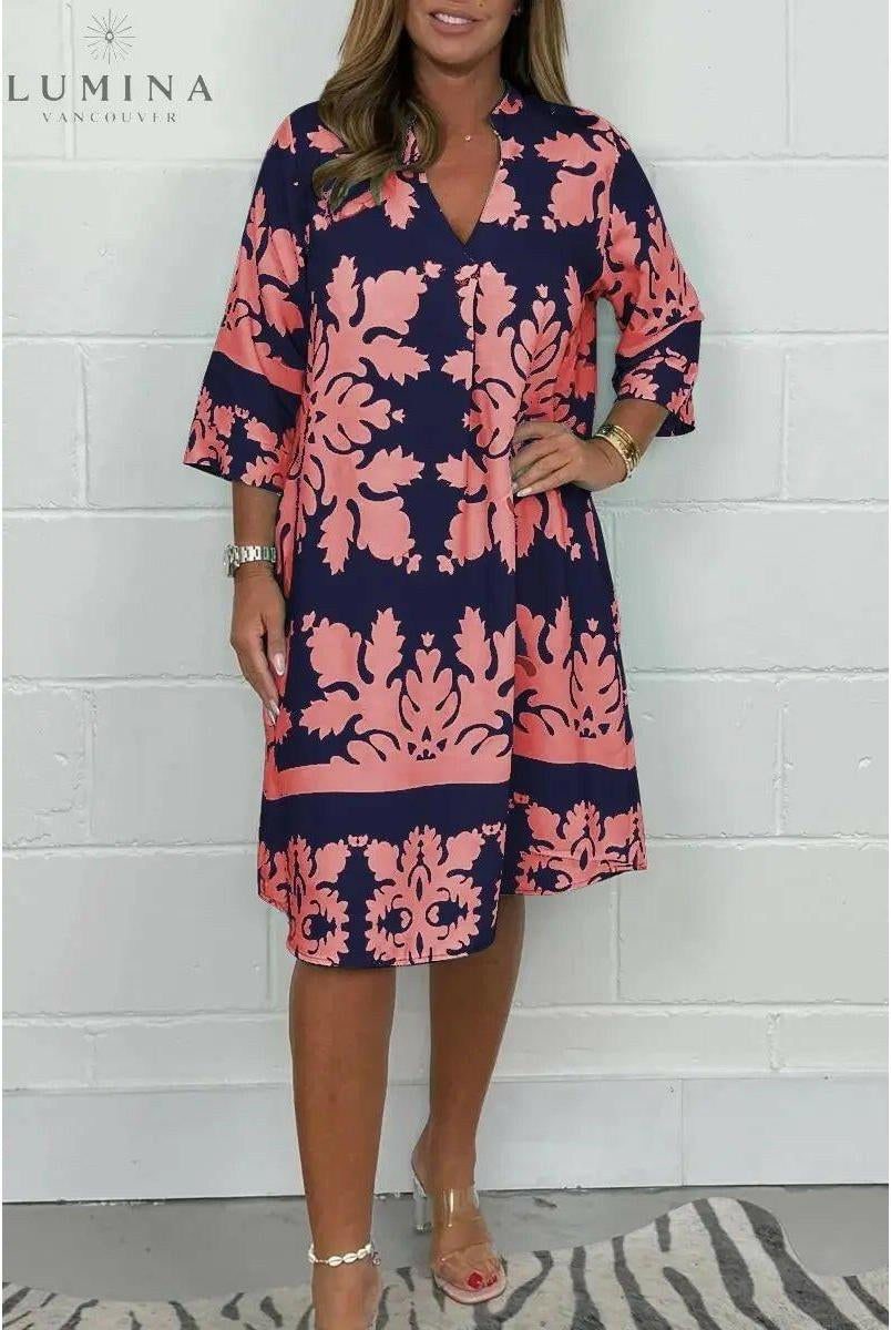 Lumina Wear Bergljot spring dress in blue and army green, lightweight fabric with a relaxed fit, perfect for casual spring outings.