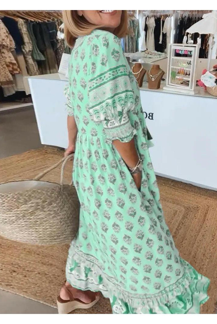 Lumina Wear Estrella casual blue maxi dress with half-sleeves, flowing fabric, and relaxed fit for everyday wear.