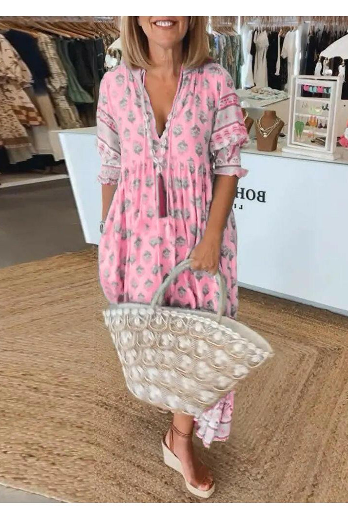Lumina Wear Estrella casual half-sleeve maxi dress in Vancouver blue, flowing fabric with a relaxed fit and round neckline.