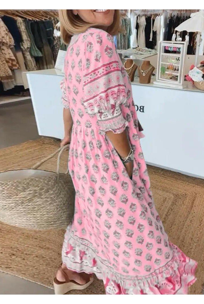 Lumina Wear Estrella casual half-sleeve maxi dress in Vancouver blue, flowing fabric, knee-length, perfect for summer wear.