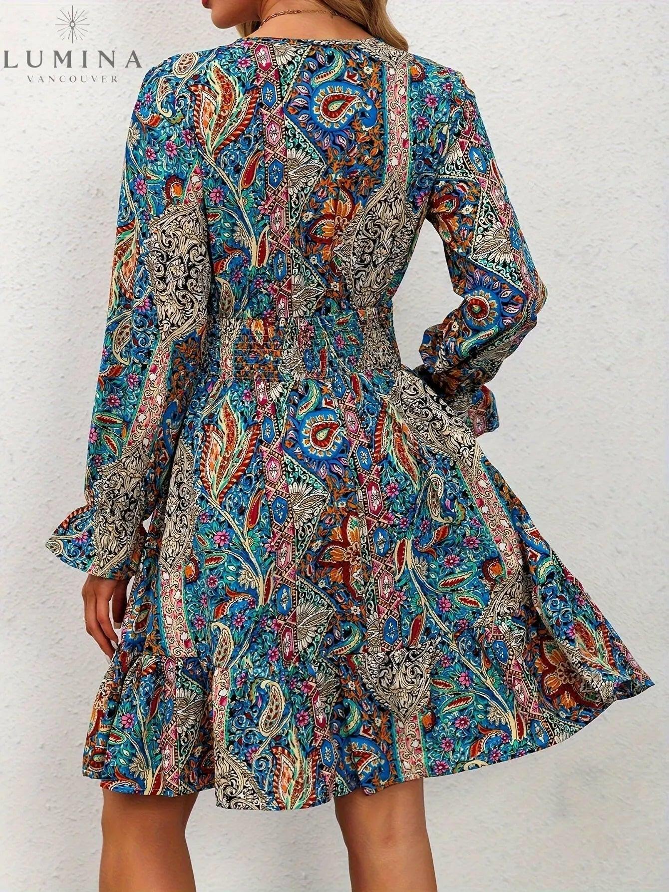 Blue Boho Elegance Dress by Lumina Vancouver featuring flowing fabric and intricate embroidery, perfect for stylish occasions.