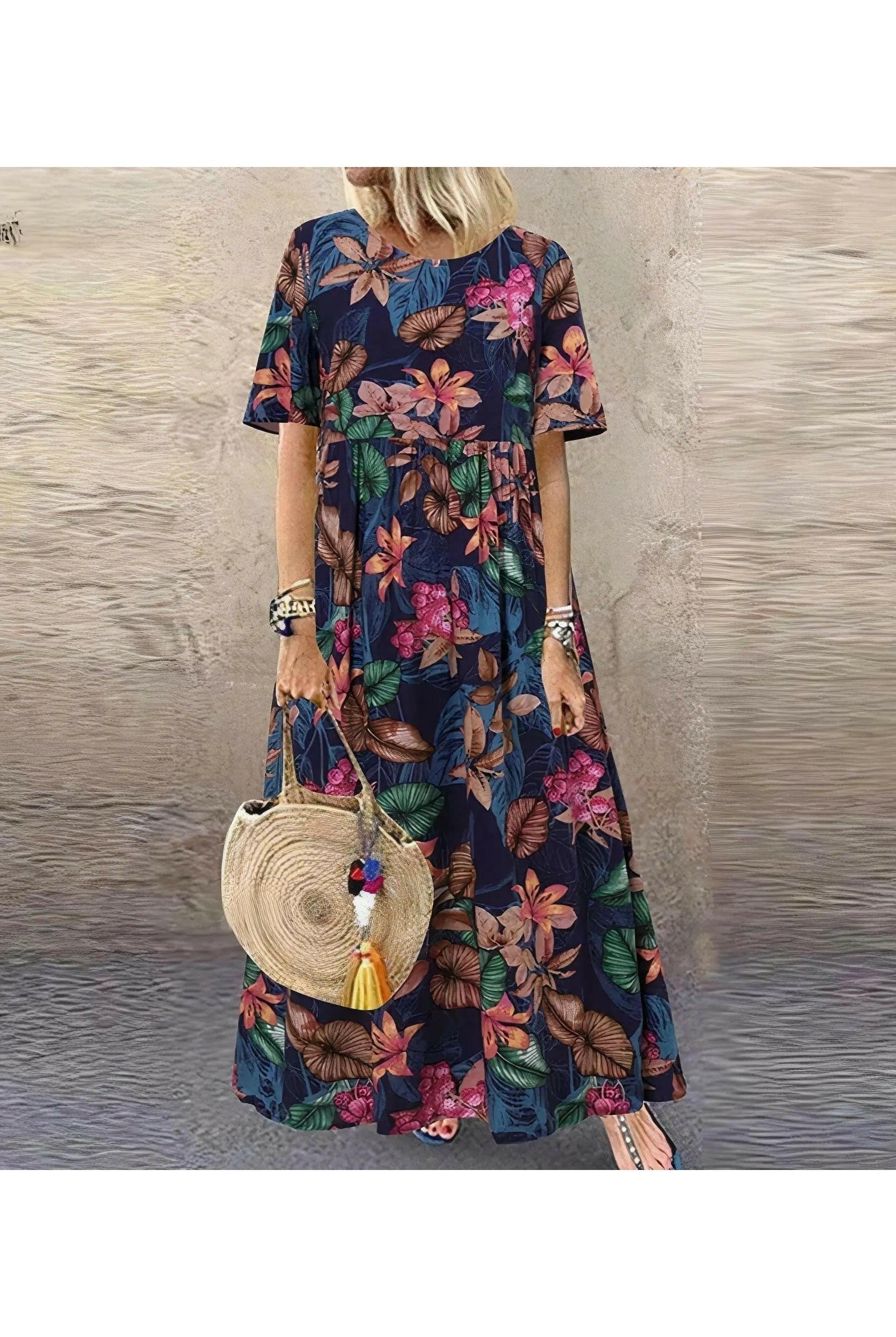Lumina Wear blue floral summer dress featuring elegant, comfortable design with a relaxed fit, perfect for warm weather.