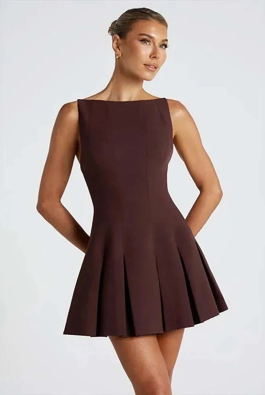 Lumina Wear Ranta Nightfall mini dress in brown, featuring a stylish short design and elegant fit, perfect for fashionable outings.