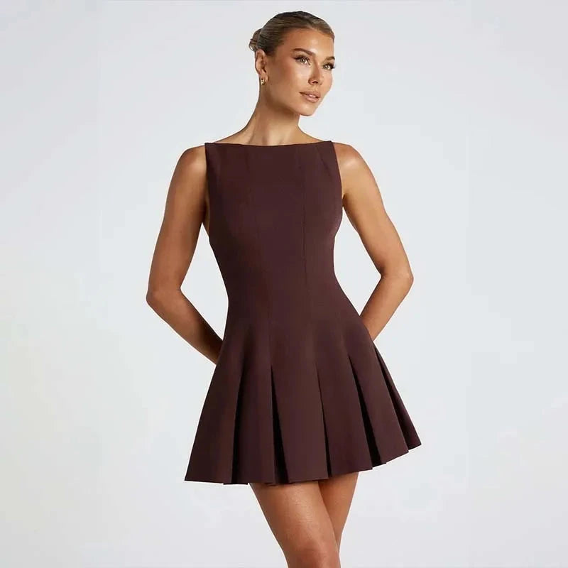 Brown Ranta Nightfall mini dress by Lumina Vancouver, featuring a stylish, fitted design with elegant detailing.