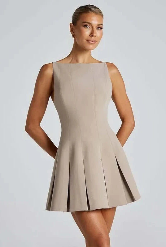 Lumina Wear Ranta Nightfall mini dress in brown, featuring a stylish design, displayed on a mannequin.