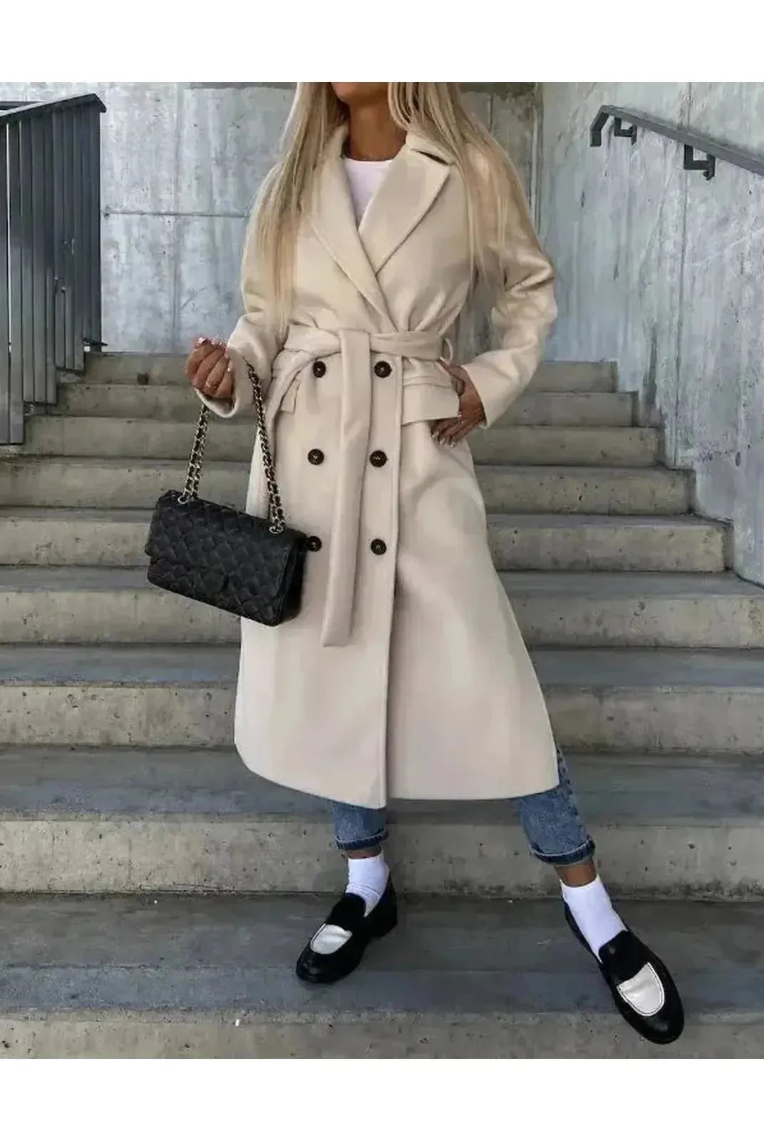 Beige Lumina Vancouver Kim double-breasted wool coat with elegant tailored design and classic lapel collar.