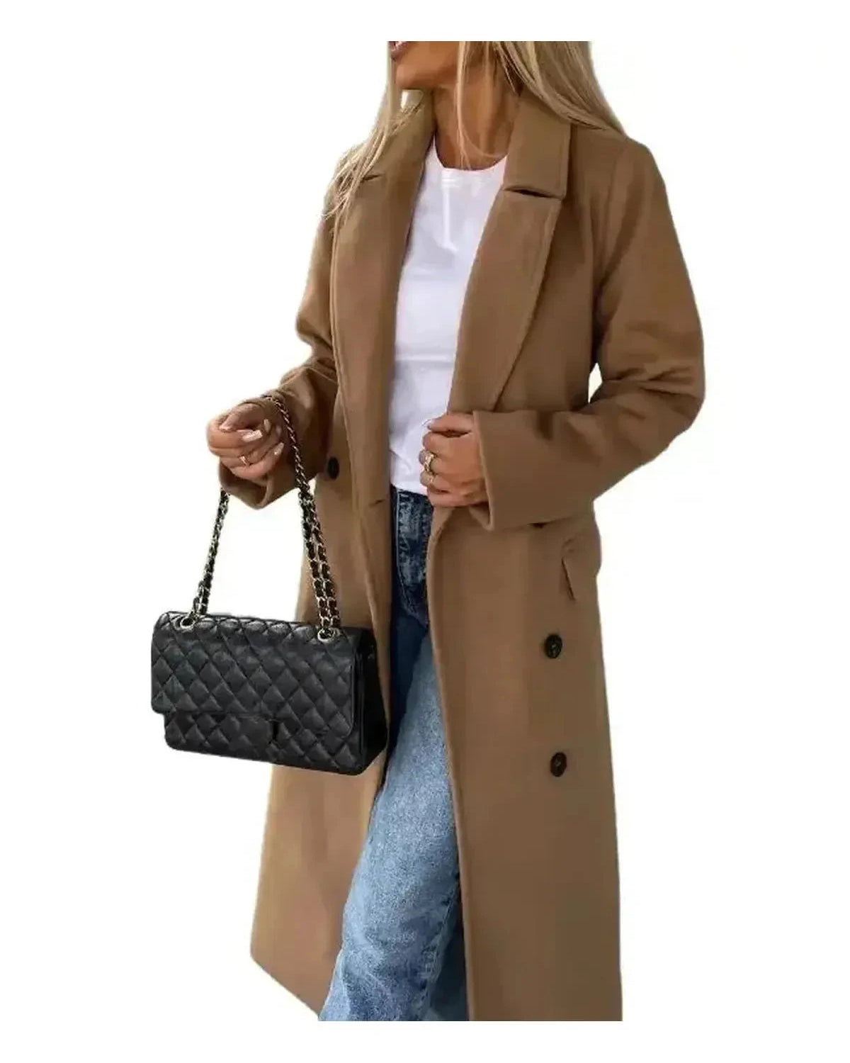 Lumina Wear Kim beige double-breasted wool coat, elegant and stylish with tailored fit and classic design, displayed on a hanger.