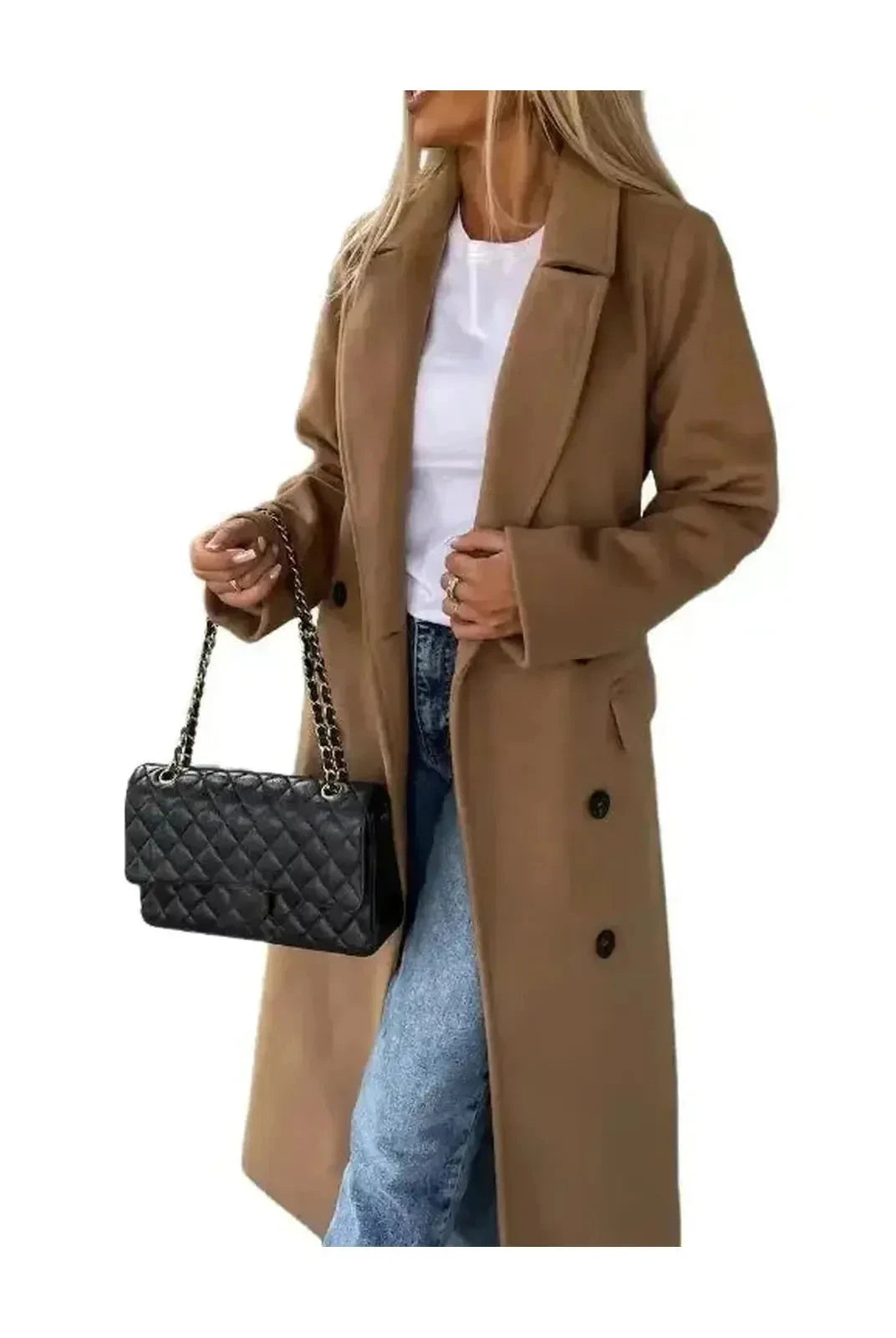 Beige Lumina Vancouver Kim double-breasted wool coat with elegant tailoring, featuring classic lapels and button details.