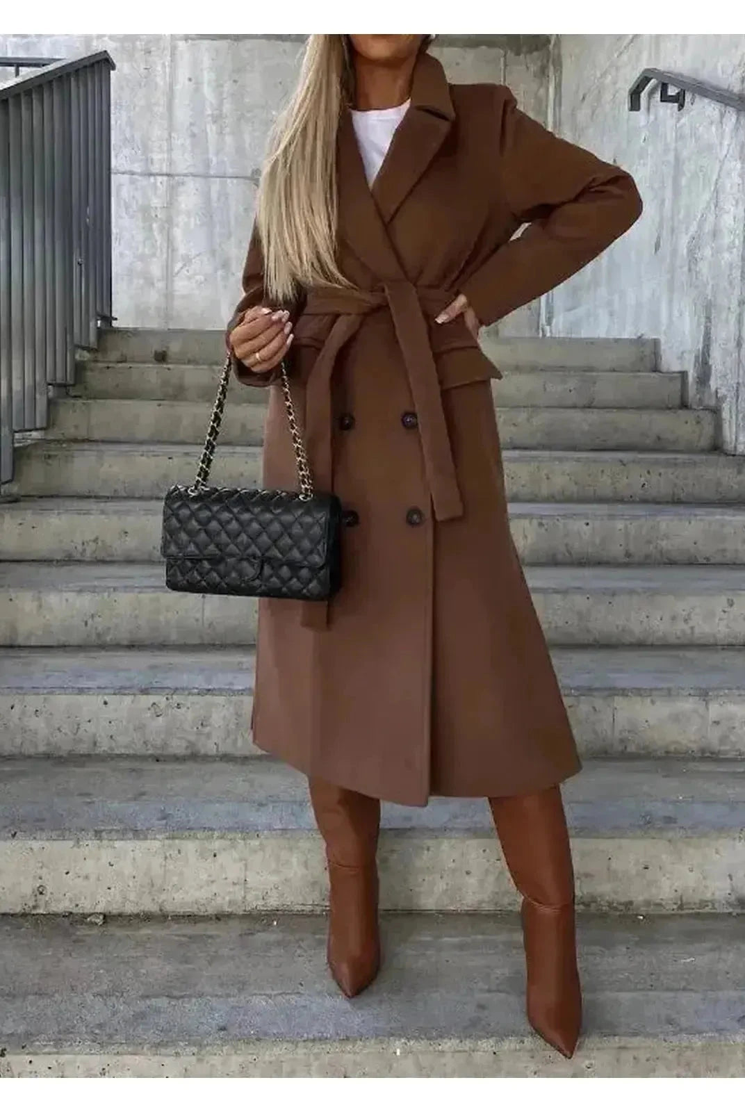 Beige Lumina Vancouver Kim double-breasted wool coat with tailored fit and elegant design, displayed on a hanger.