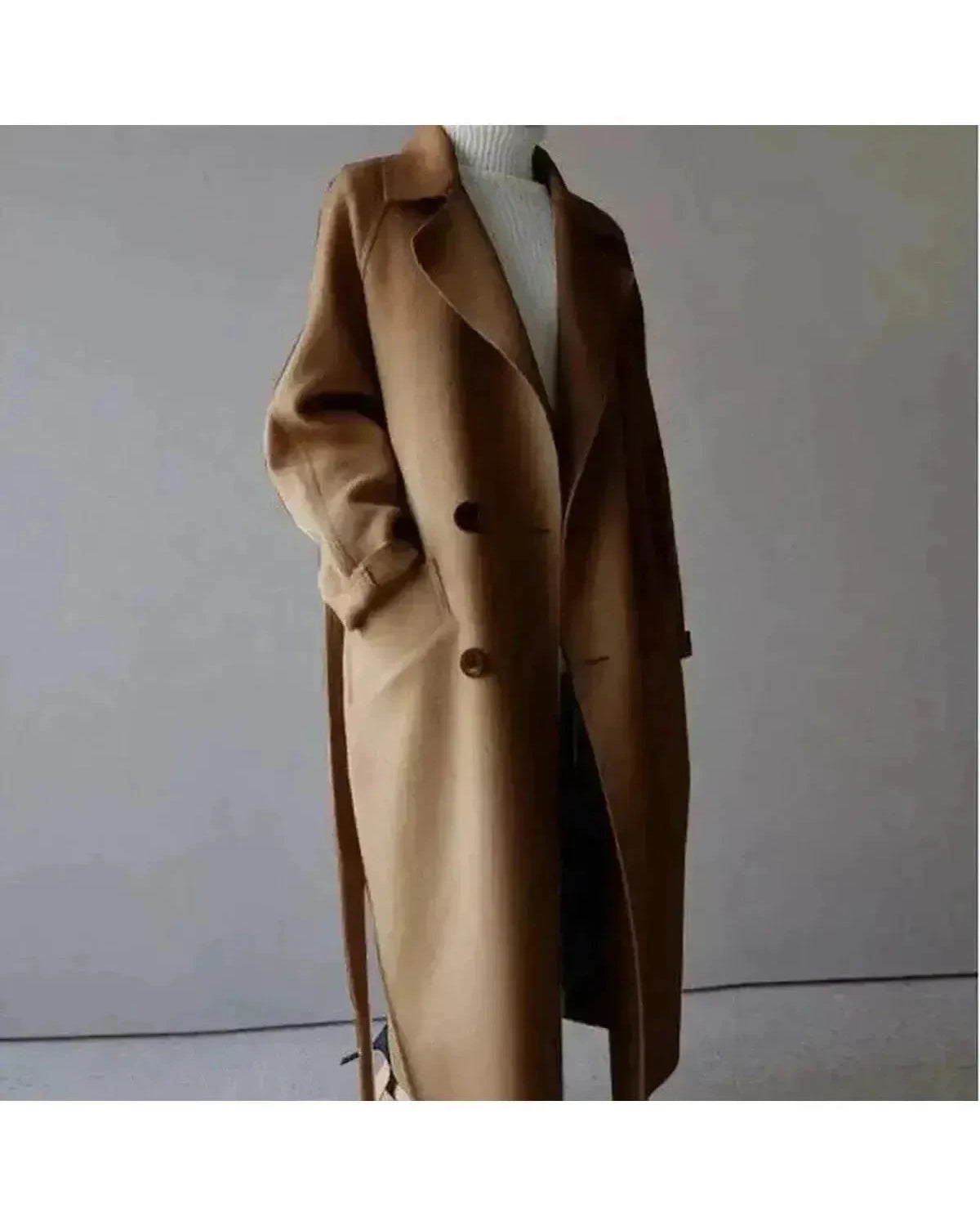 Beige Sophie Lumina Wear elegant long coat for women, featuring a tailored fit and stylish design, ideal for sophisticated winter wear.