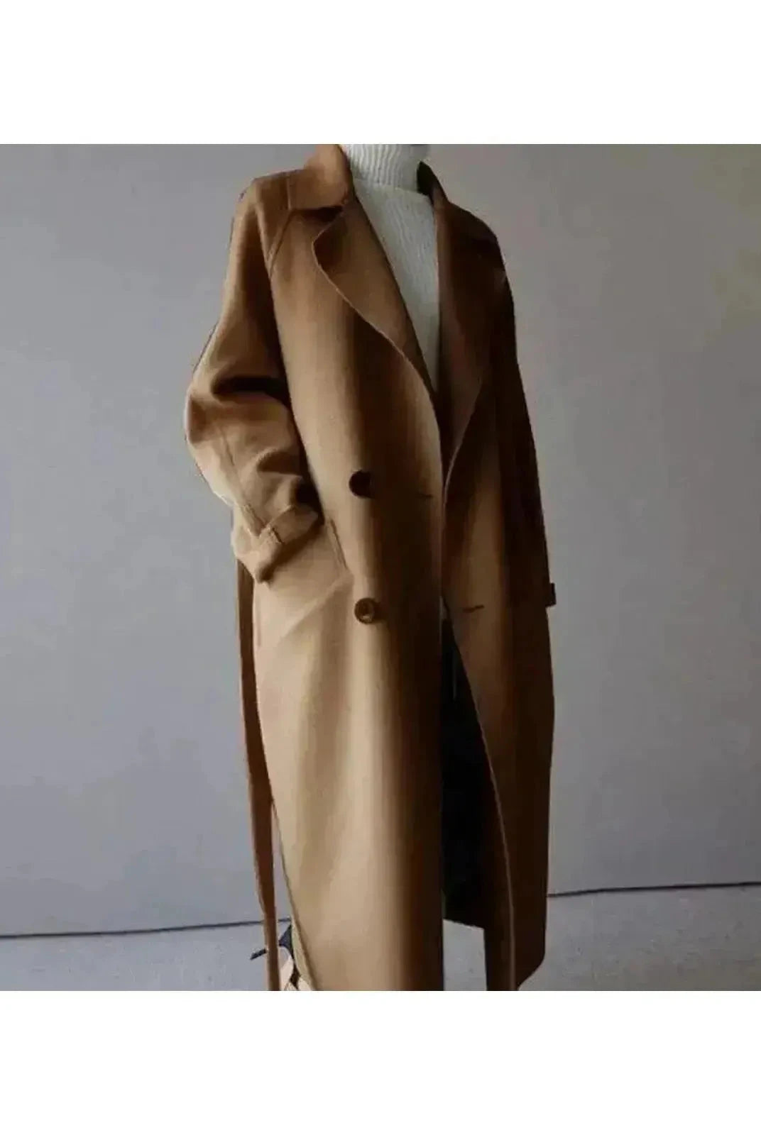 Elegant beige long coat for women from Lumina Vancouver's Sophie collection, stylish and warm outerwear.