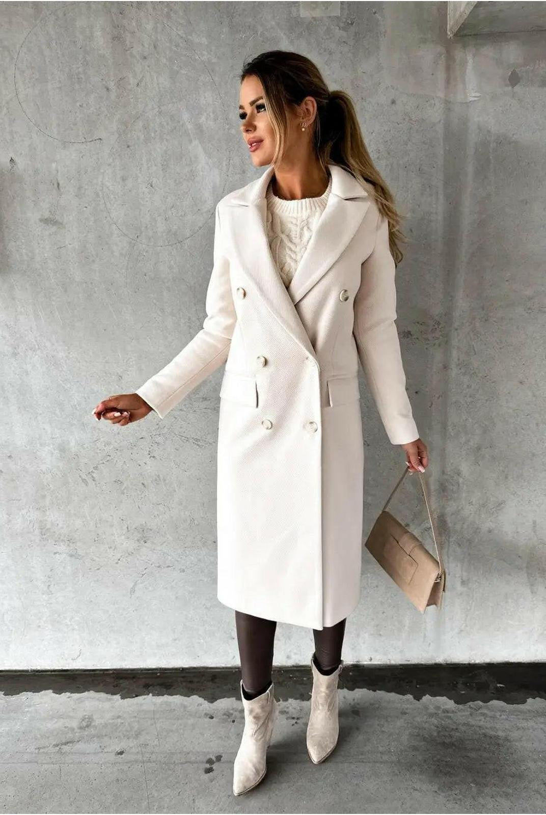 Long khaki woolen coat for women by Lumina Vancouver, Kate collection, featuring a stylish, fitted design and warm fabric.