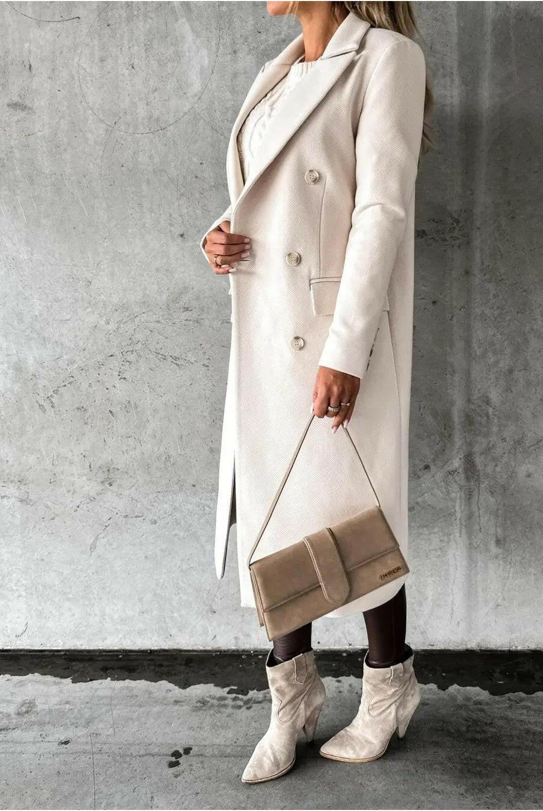 Long khaki woolen coat for women by Lumina Vancouver, Kate collection, featuring a stylish, fitted design and warm fabric.