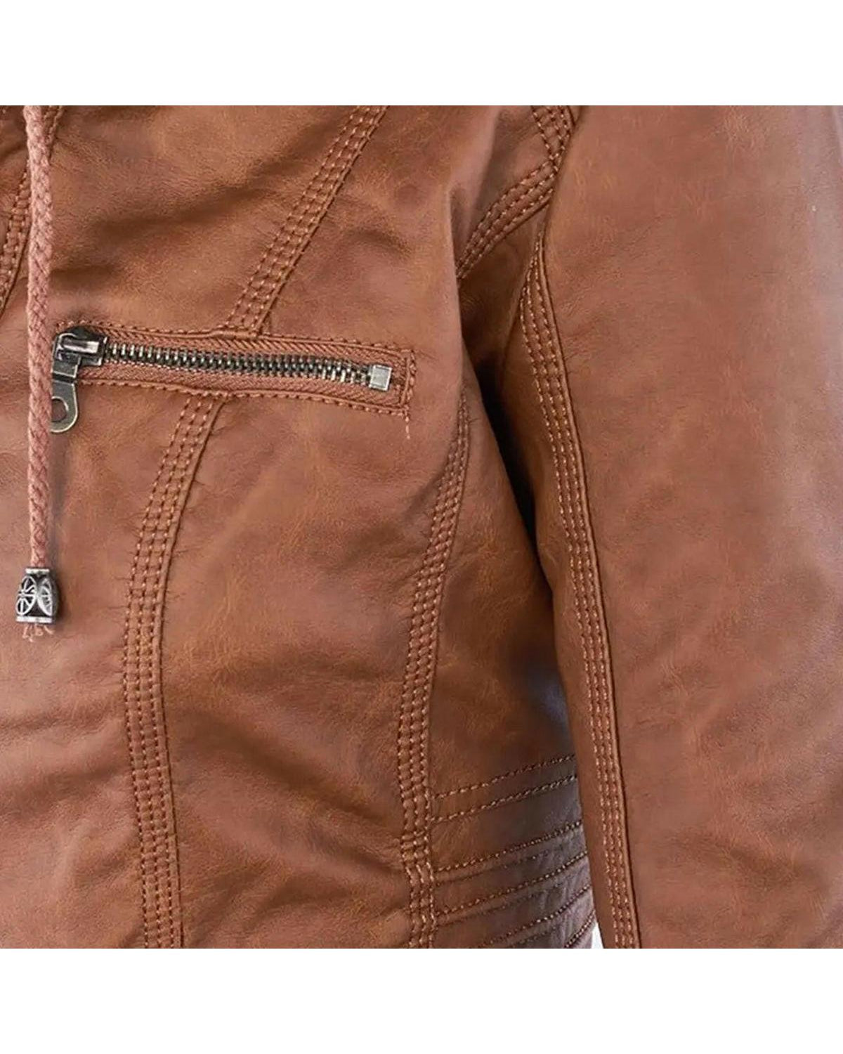 Olivia water-resistant hooded jacket by Lumina Wear, khaki waterproof women’s jacket with a hood and durable leather material.