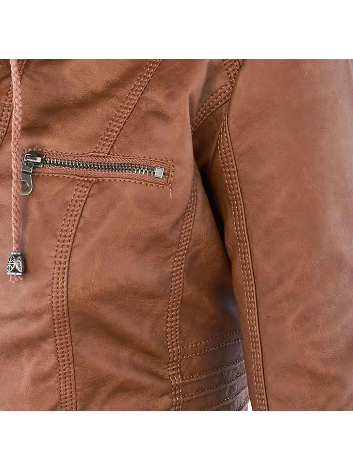 Khaki Olivia water-resistant hooded women's jacket by Lumina Vancouver, featuring a leather design and adjustable hood.