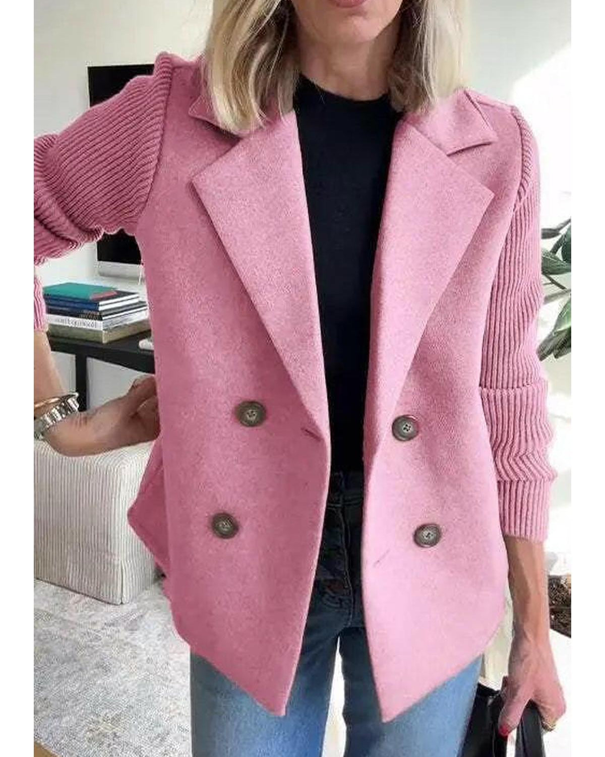 Pink Lumina Wear Harper casual coat with button patchwork sleeves, featuring a stylish and comfortable design.