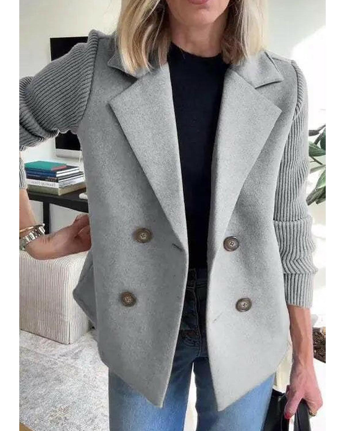 Lumina Wear Harper casual coat with pink button patchwork sleeves, lightweight and stylish for everyday wear.