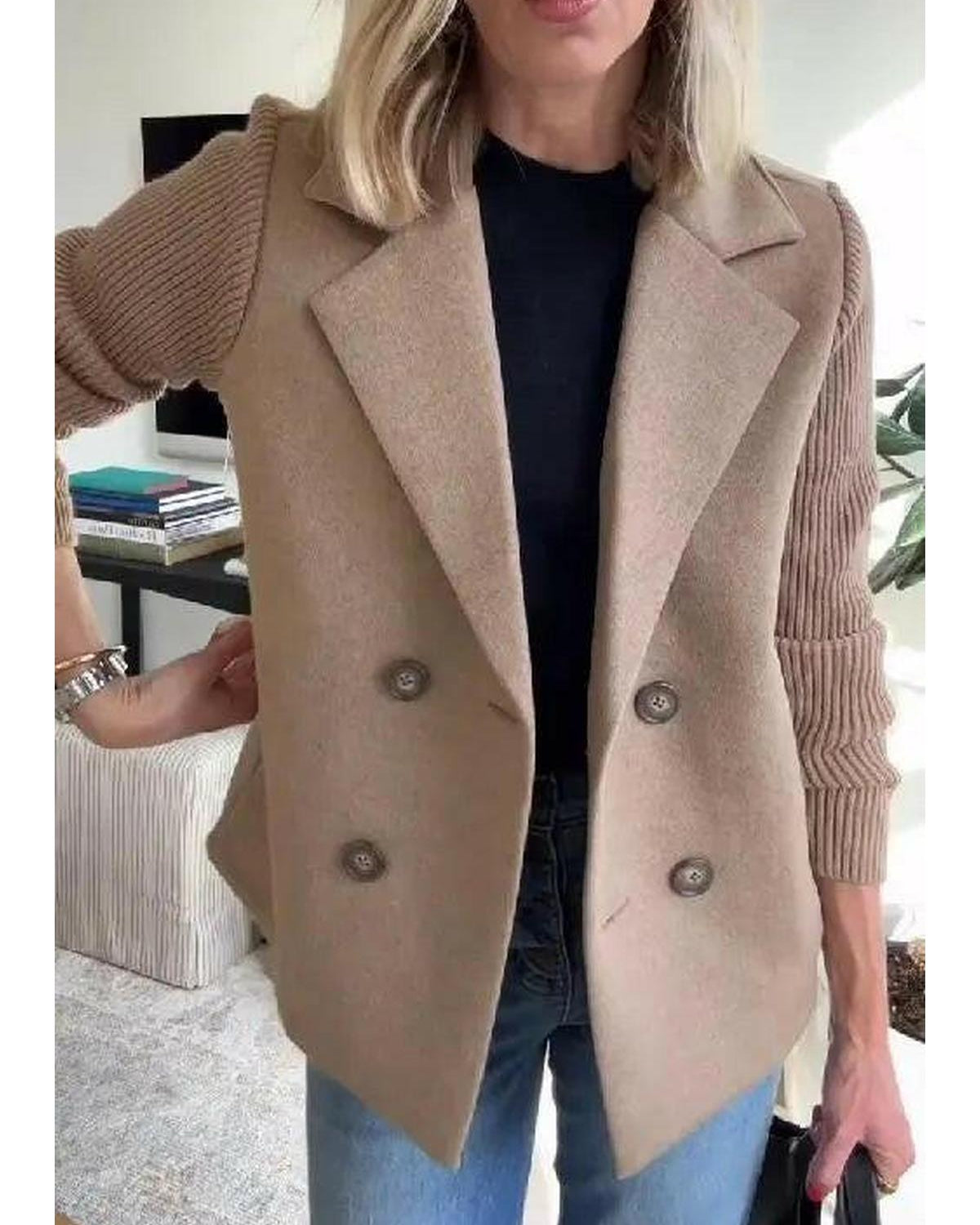 Lumina Wear Harper casual coat with pink patchwork button sleeves, stylish and comfortable for everyday wear.