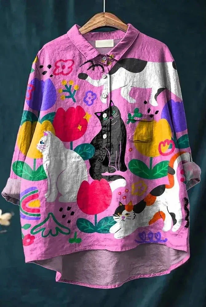 Lumina Wear Ula cat art T-shirt featuring a colorful feline design on soft cotton fabric.