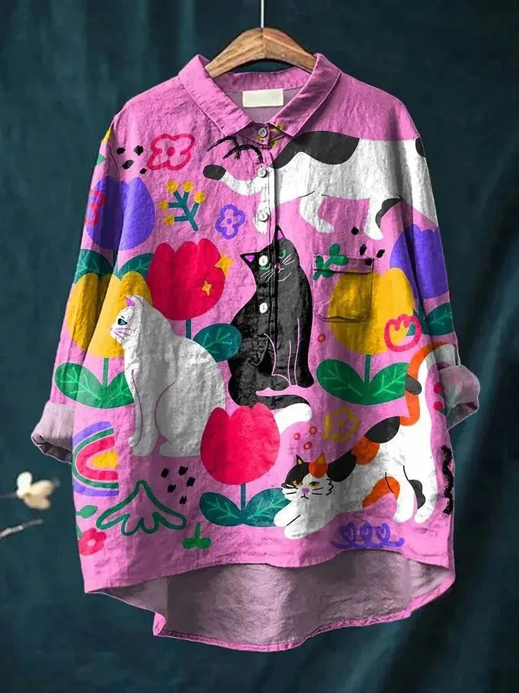 Lumina Wear Ula cat art T-shirt featuring a colorful feline design on soft cotton fabric.