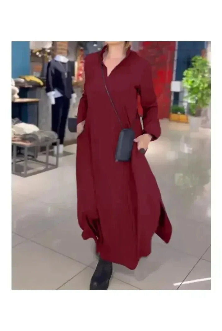 Evia Long Sleeve Dress by Lumina Wear in claret color, featuring a fitted silhouette and elegant long sleeves.