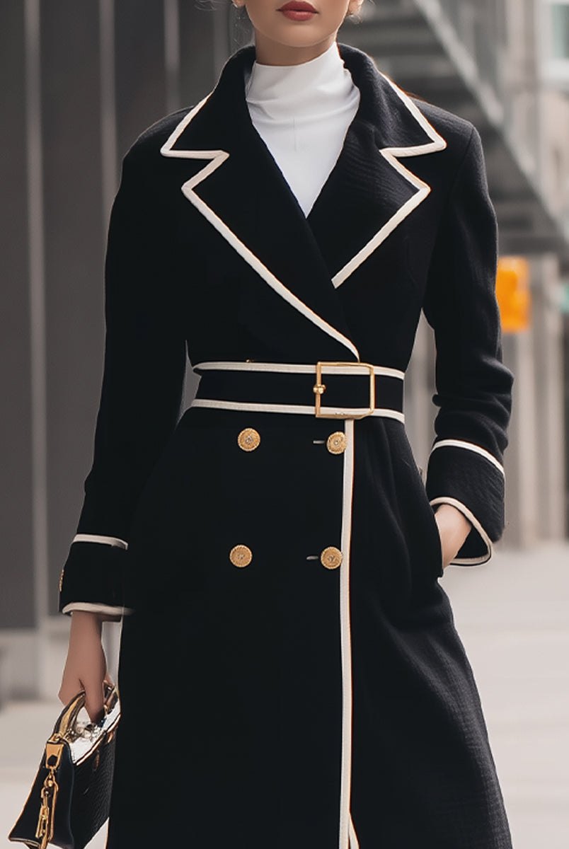Black Lumina Vancouver Colleen double-breasted belted long coat displayed on a model, featuring a tailored silhouette and classic design.