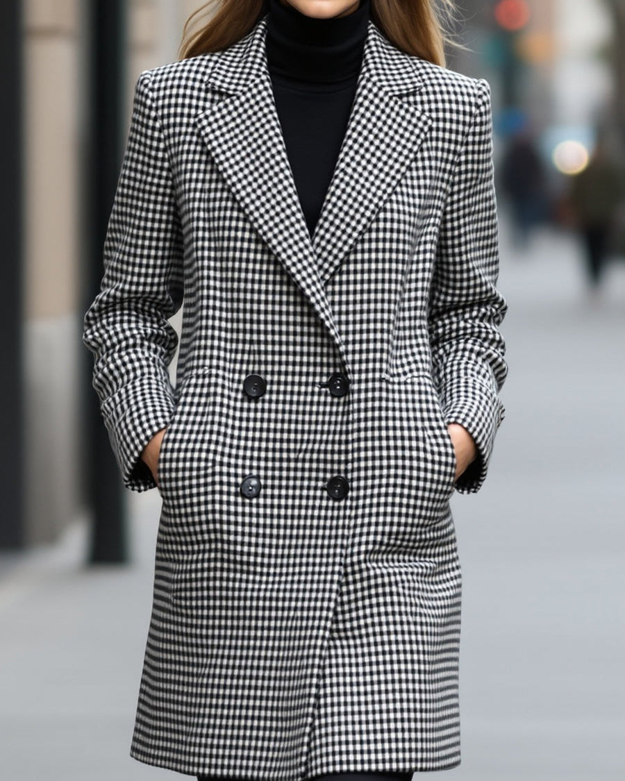 Black Enid double-breasted checked wool coat by Lumina Wear, shown on a model, featuring classic plaid pattern and tailored fit.