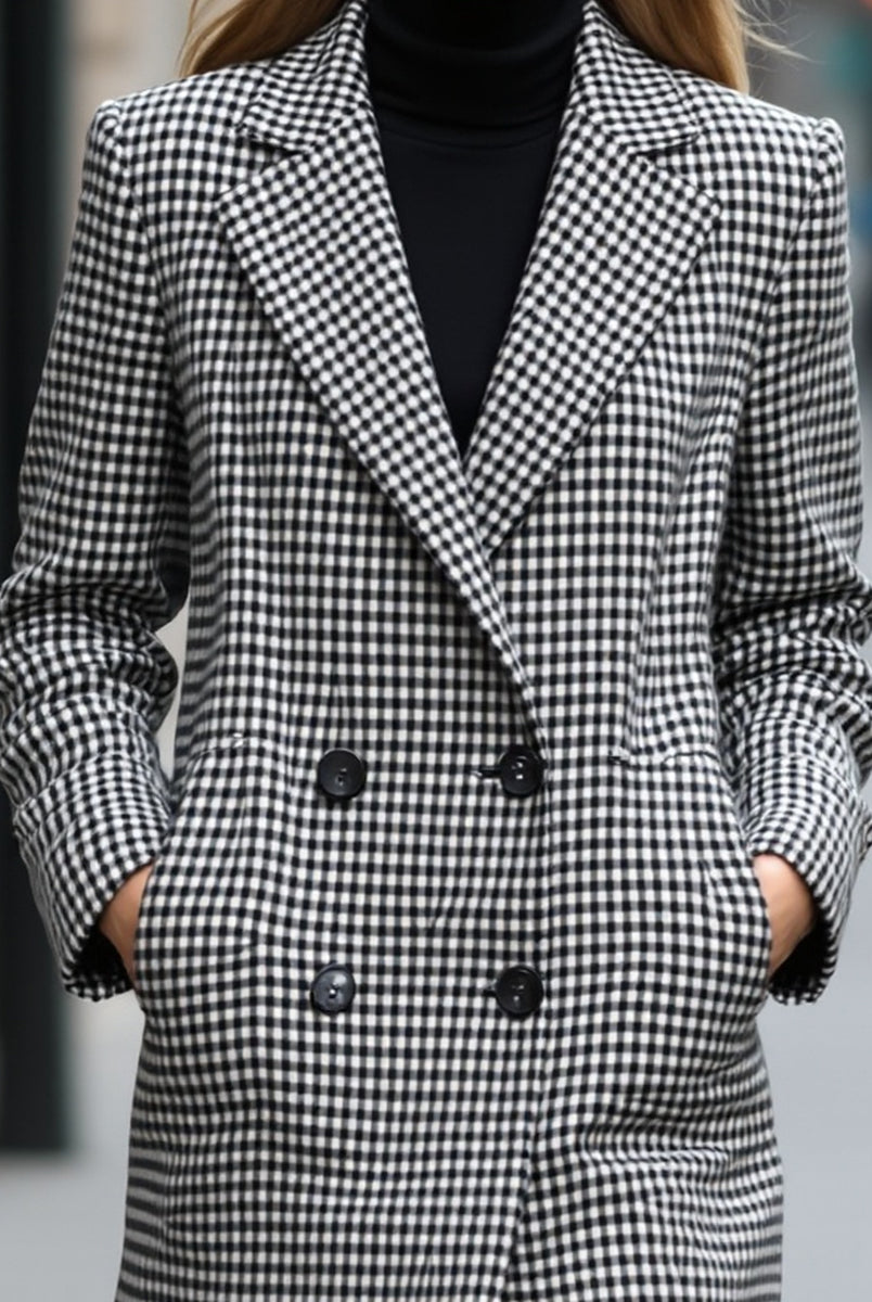 Black Enid double-breasted checked wool coat by Lumina Vancouver featuring a tailored fit and classic pattern.