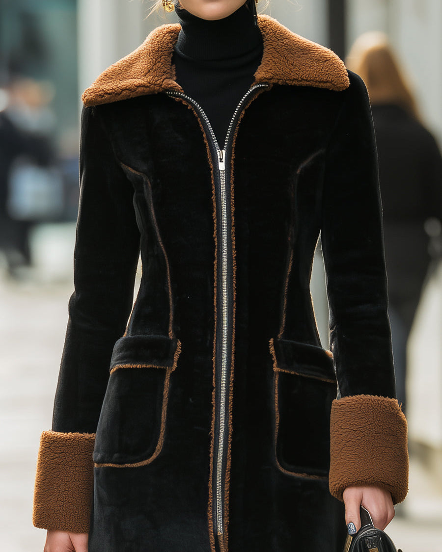 Black Lumina Wear Beatrix long plush coat with elegant contrast trim, showcasing a stylish, cozy winter outerwear piece.