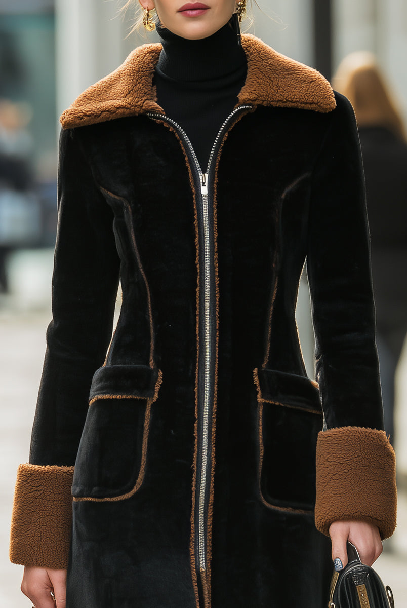 Black Lumina Vancouver Beatrix long plush coat with elegant contrast trim, stylish and cozy winter outerwear.