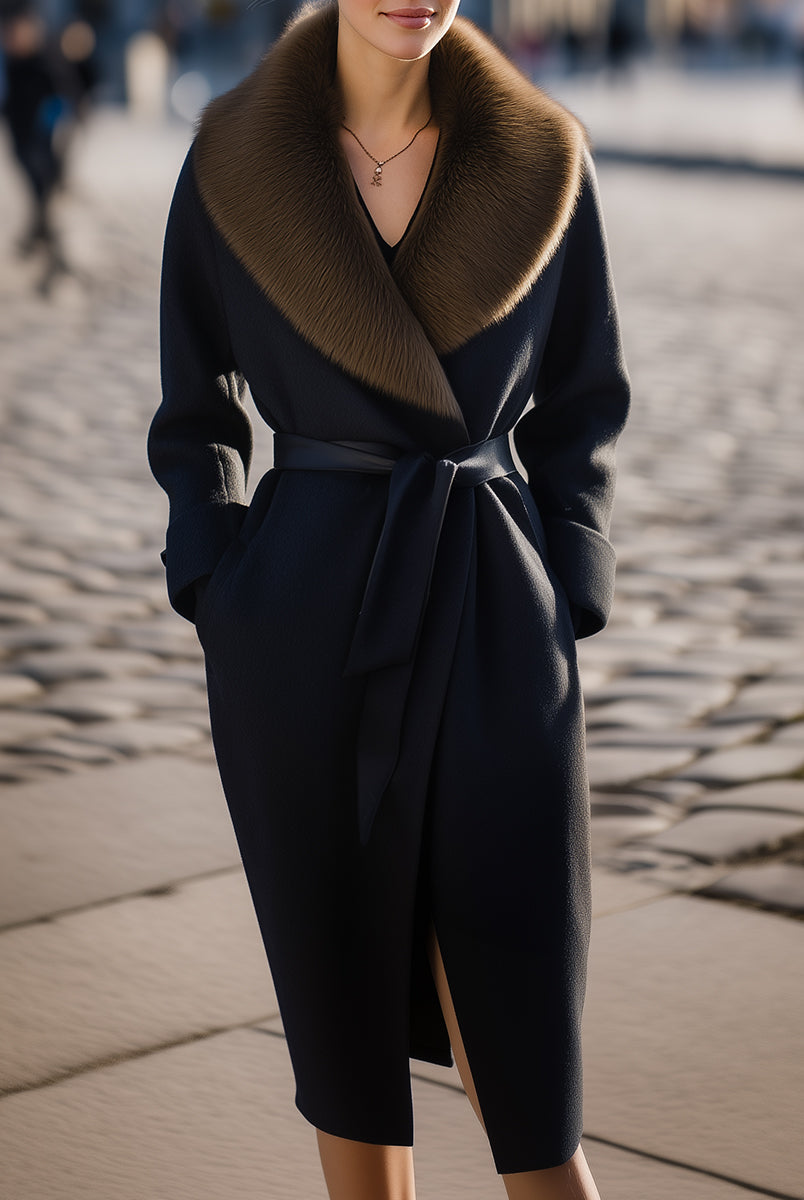Black Lumina Vancouver wool coat with oversized fur collar, styled on a model, showcasing its elegant and cozy design.