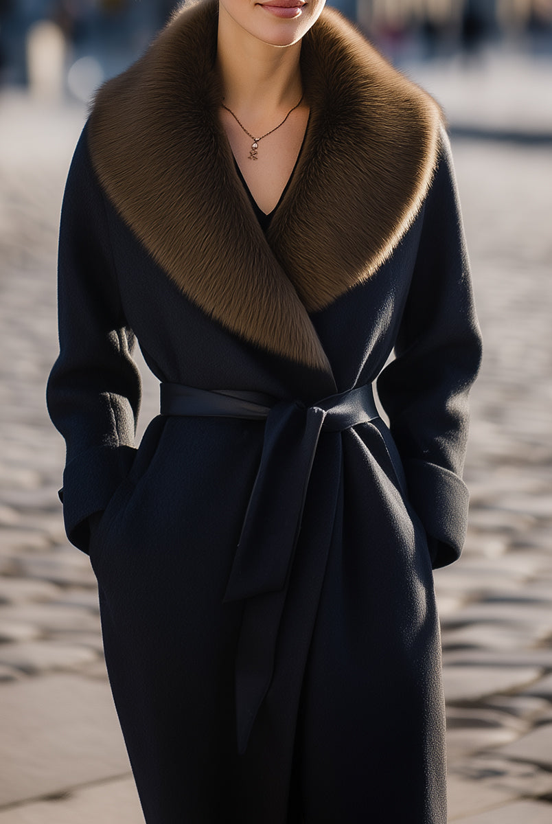 Black Lumina Vancouver Wool Coat with oversized fur collar, slim fit design, displayed on a model.