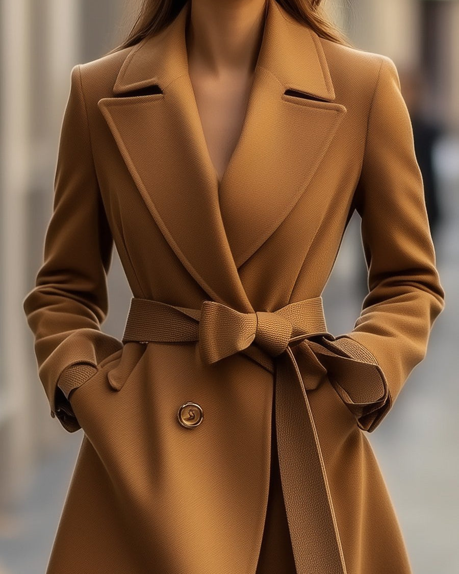 Camel wool trench coat with belt from Lumina Wear, featuring a belted silhouette and classic coat design.