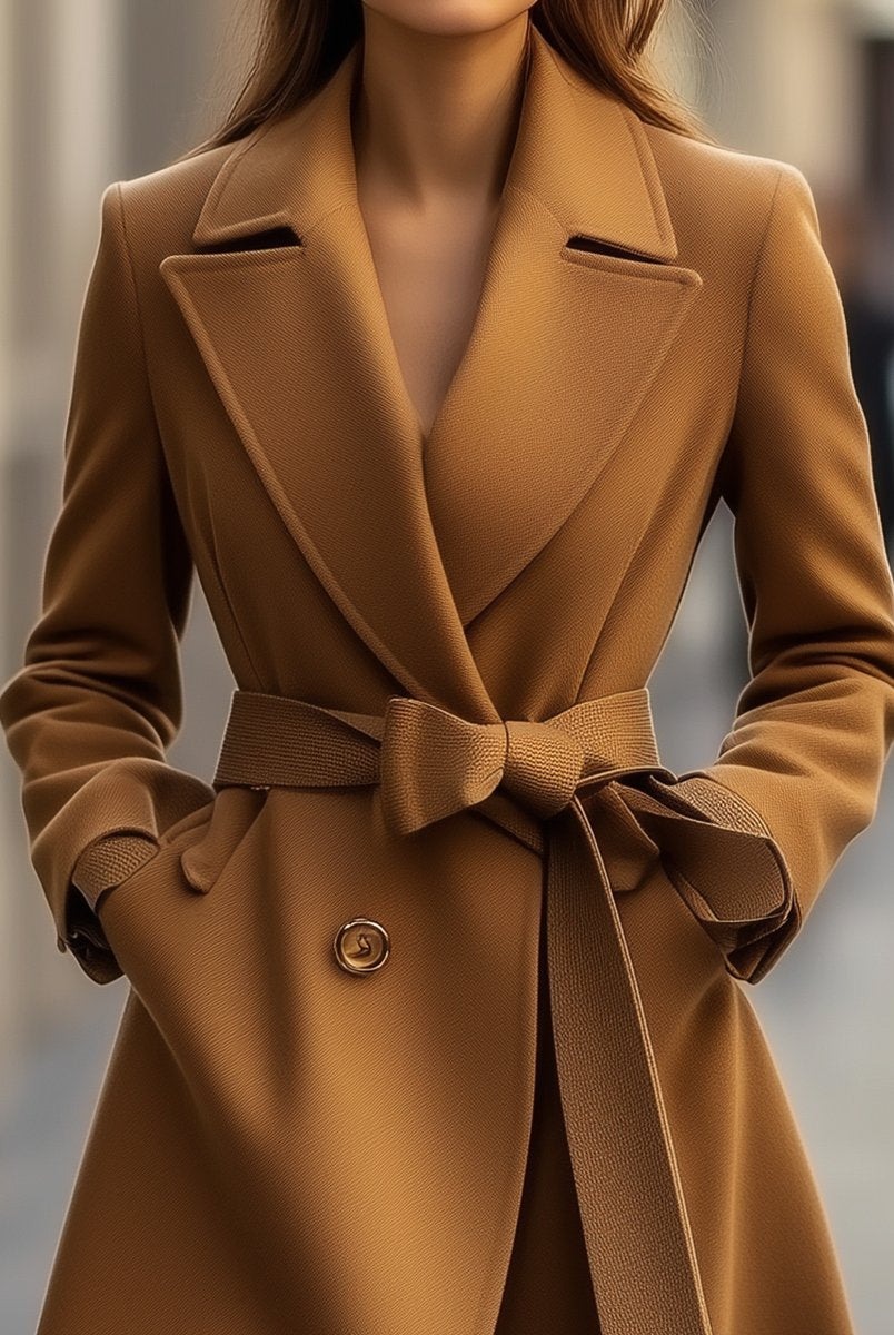 Camel wool trench coat by Lumina Vancouver with belted silhouette, shown on a model with a classic, tailored design.