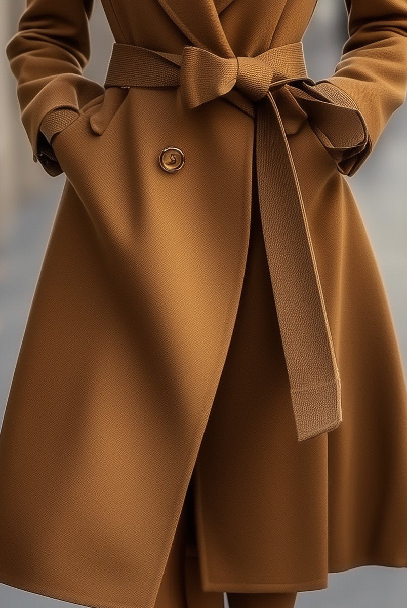 Camel wool trench coat with belt from Lumina Vancouver, featuring a classic silhouette and tailored design.