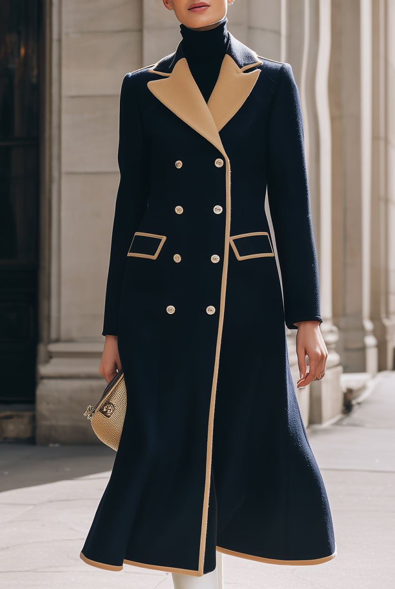 Navy blue Lumina Vancouver Rosamund double-breasted coat with camel contrast details, shown on a model.