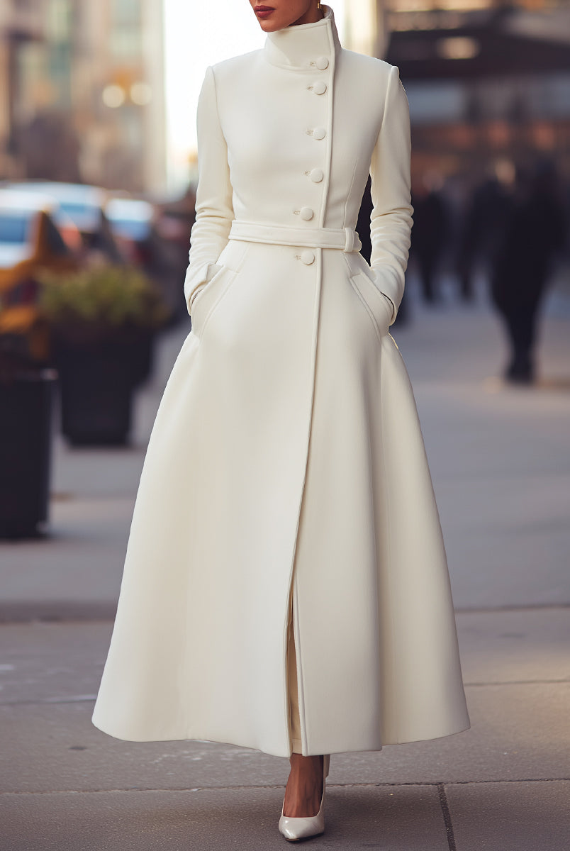 White Regina military-inspired wool coat by Lumina Vancouver, lightweight and stylish for cold weather.