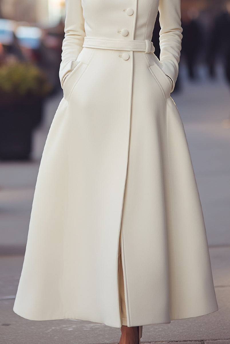 White Regina military-inspired wool coat by Lumina Vancouver, shown on a model with tailored fit and classic design.