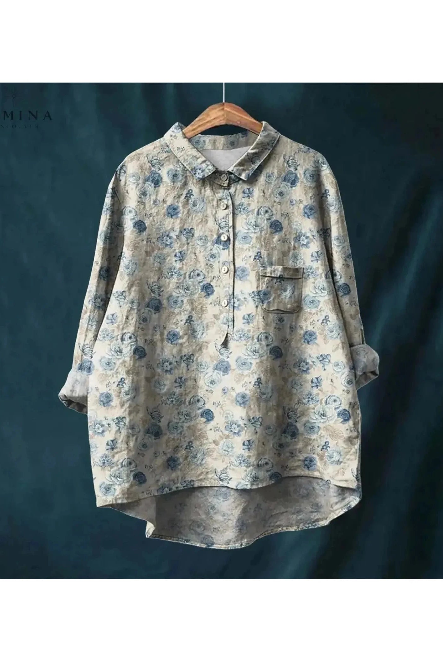 Gray floral blouse named Natasha by Lumina Wear, featuring elegant art-inspired floral print, worn as a stylish women's shirt.
