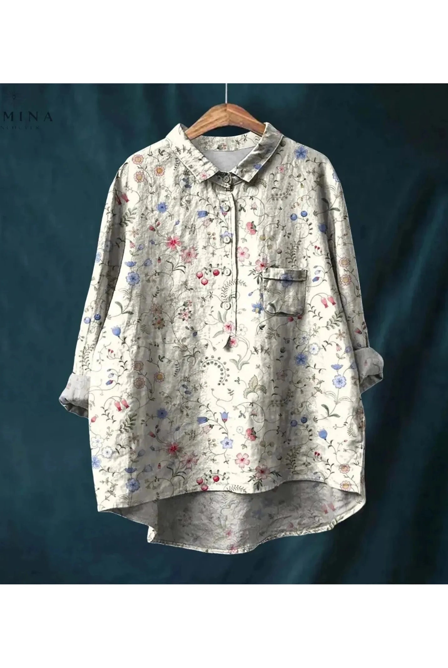 Gray Natasha Art Elegant Floral Blouse by Lumina Wear, showcasing a stylish floral design and feminine fit.
