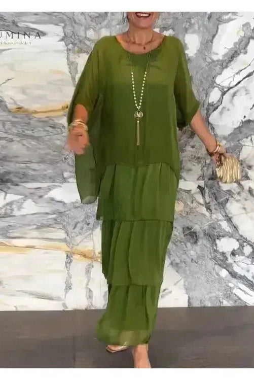 Dark green Caroline loose round neck dress by Lumina Vancouver, casual fit with long sleeves and relaxed silhouette.