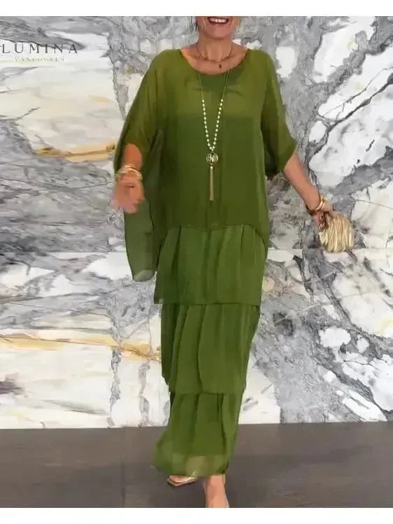 Dark green Caroline loose round neck dress by Lumina Vancouver, casual fit with long sleeves and relaxed silhouette.